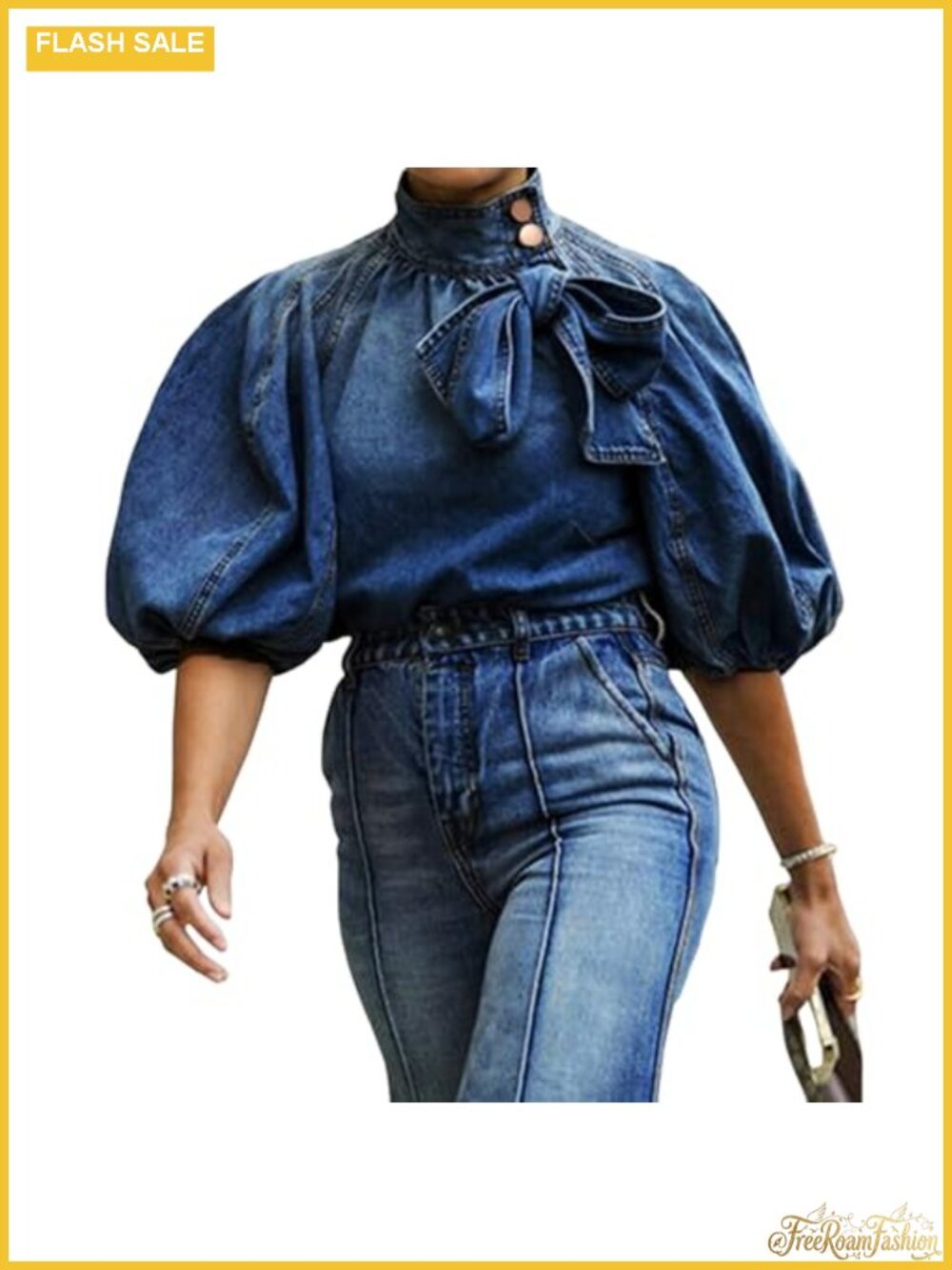 Womens Denim Pullover Top Button Up Jacket Puff Sleeves Bow Tie
